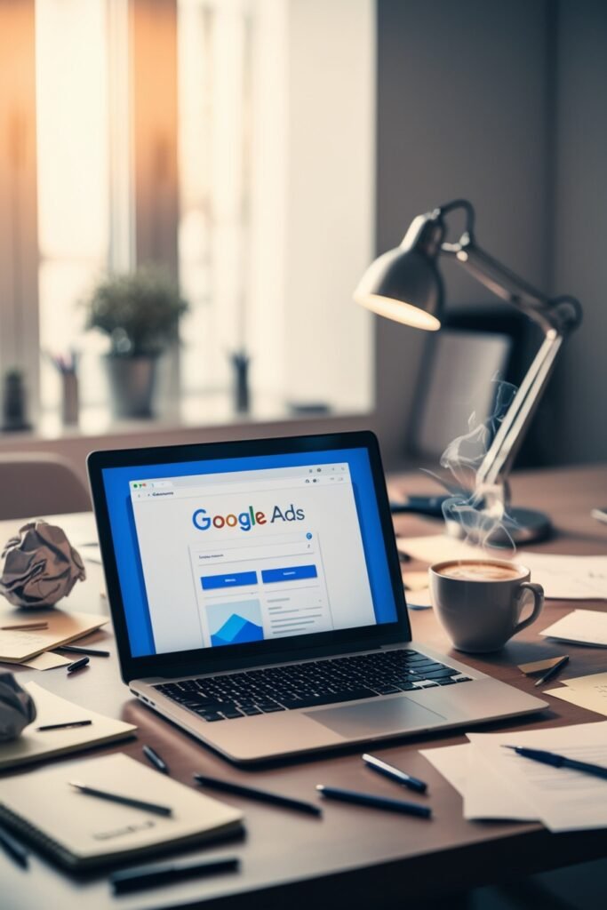 A laptop on a unorganized table with the Google ads working in the Laptop.